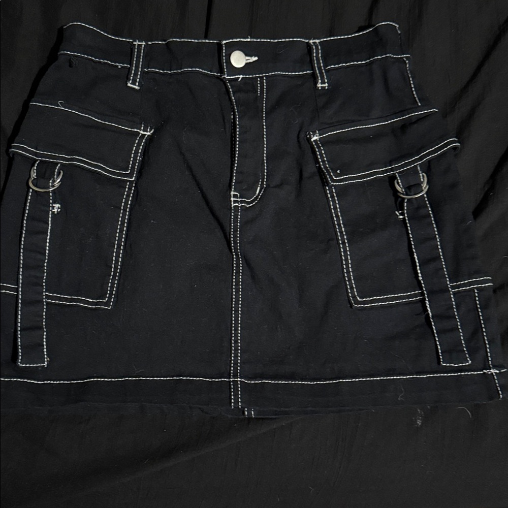 No Comment Black Mini Skirt with White Stitching